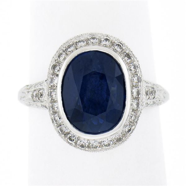 Estate Platinum GIA Oval Ceylon Bezel Sapphire Pave Diamond Halo Engagement Ring
