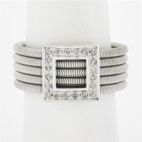 14k White Gold 0.26 ctw Pave Diamond Square 5 Row Snake Link Wide Cigar Band Rin