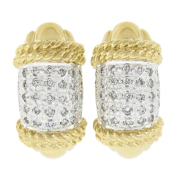 14K Gold 0.70 ctw Round Pave Diamond Twisted Gold Wire Cuff Hoop Omega Earrings