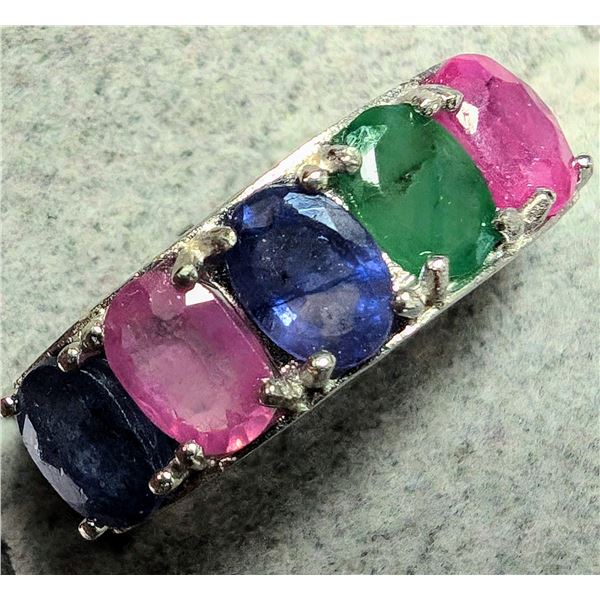 SILVER EMERALD SAPPHIRE AND RUBY 2.5CT 5.09G RING
