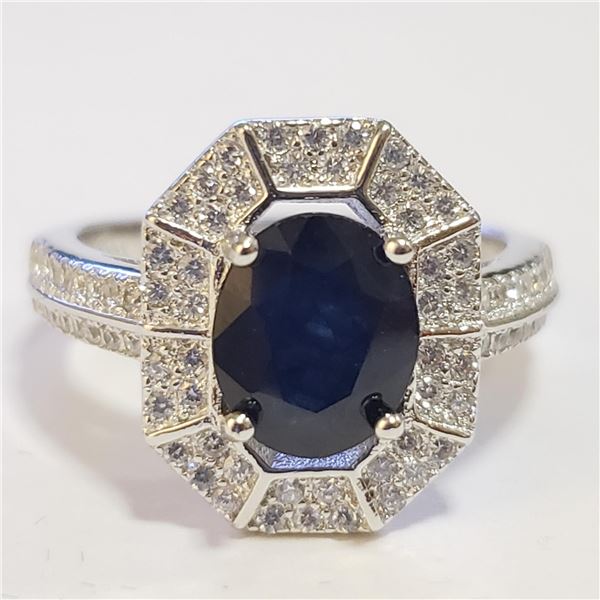 SILVER SAPPHIRE CUBIC ZIRCONIA RING (~SIZE 7)