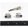 SILVERTONE CUFF LINKS AND TIE CLIP. RED RHINESTONE