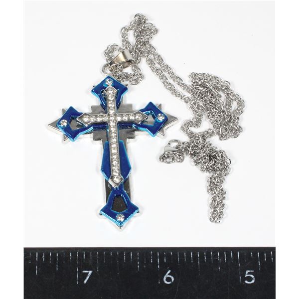 2 TONE SILVER TONE AND TURQUOISE CROSS WITH
