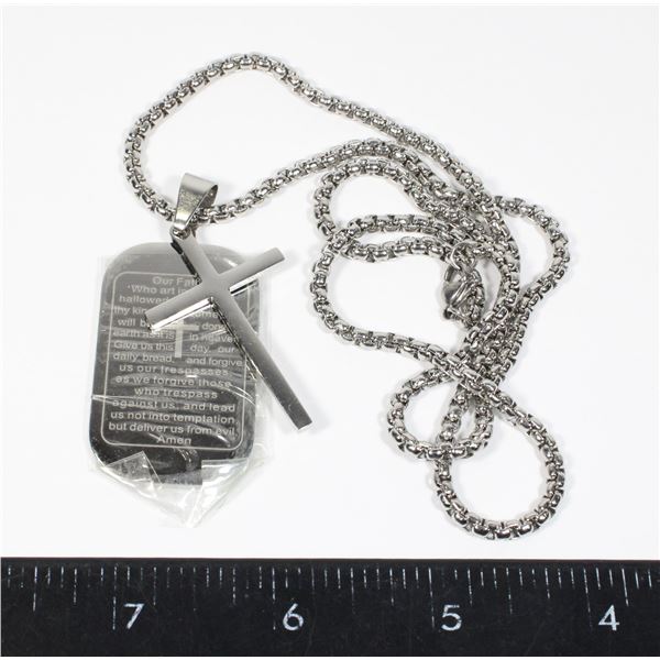 CROSS WITH DOG TAG PENDANTS AND CHAIN