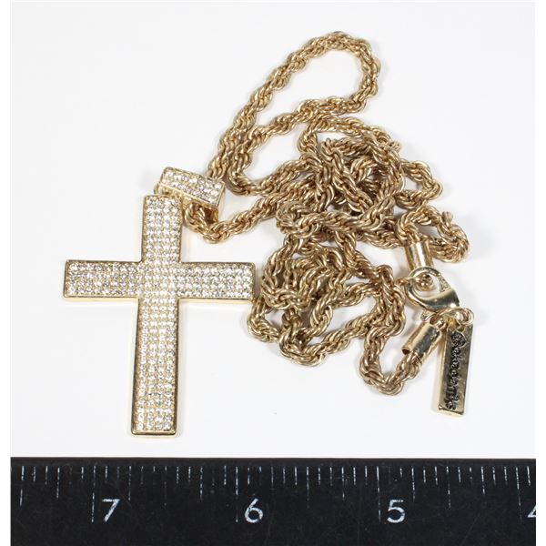 GOLD TONE RHINESTONE CROSS PENDANT ONE ROPE CHAIN