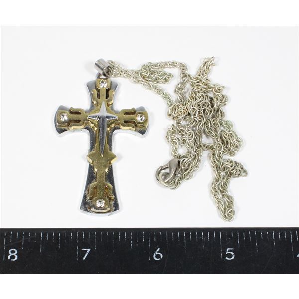 TWO TONE CROSS WITH RHINESTONE ACCENTS PENDANT