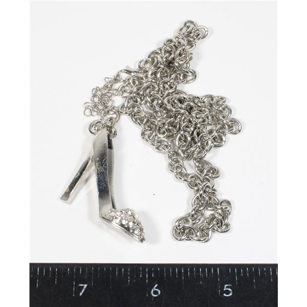 SILVER TONE RHINESTONE HIGH HEAL SHOE PENDANT AND