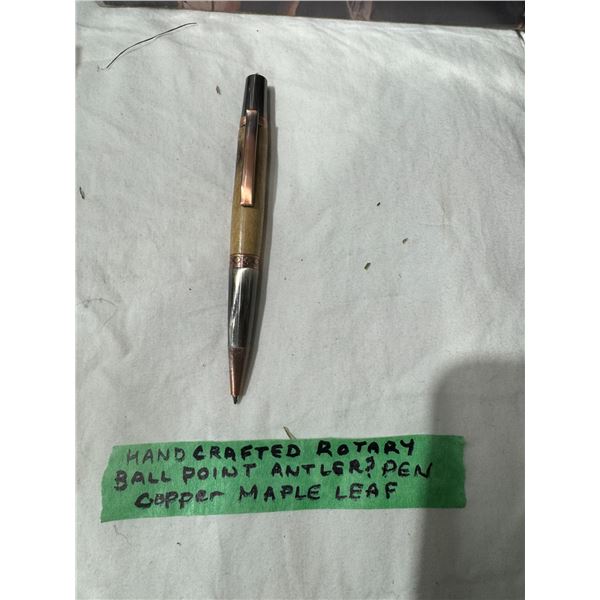 Handcrafted rotary Ball point antler pen, copper Maple leaf