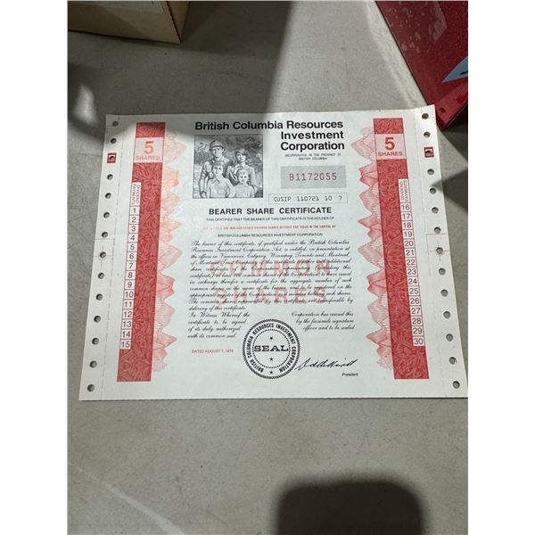 British Columbia investment corporation bar Share certificate