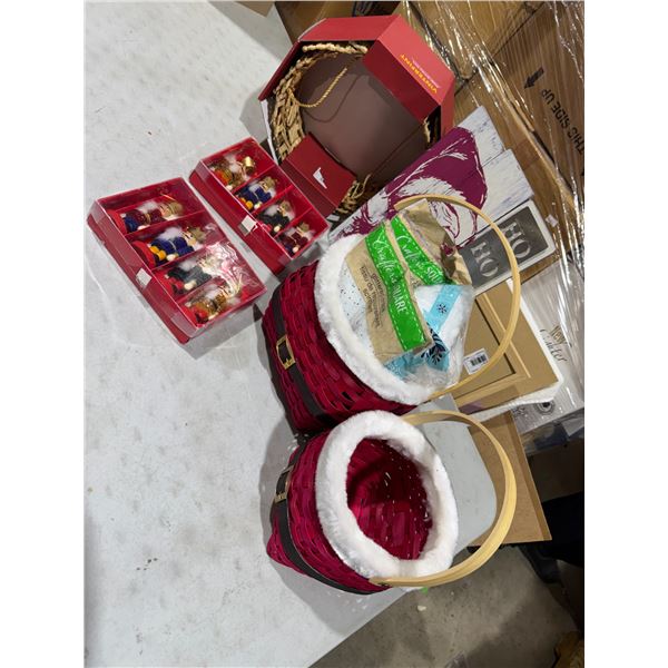 Christmas decor and nutcracker, ornaments, sign, etc.