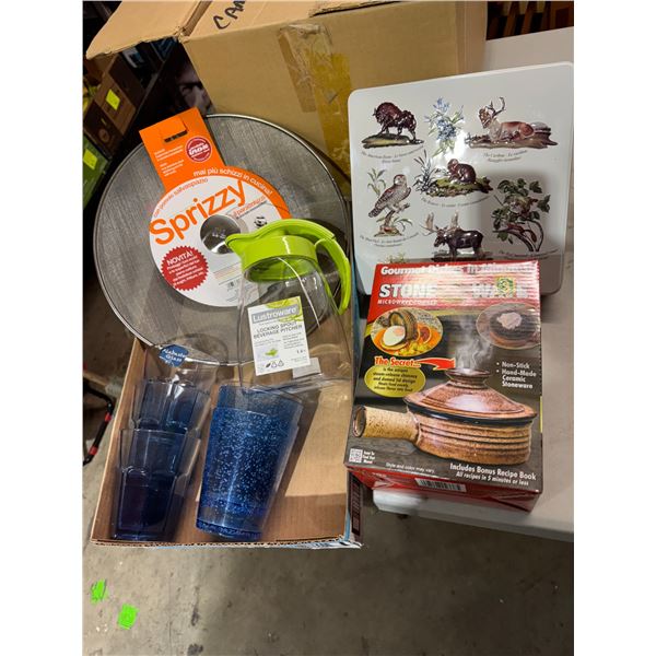 Splash guard, cups, beverage, pitcher, stone, microwave cooker, and tin