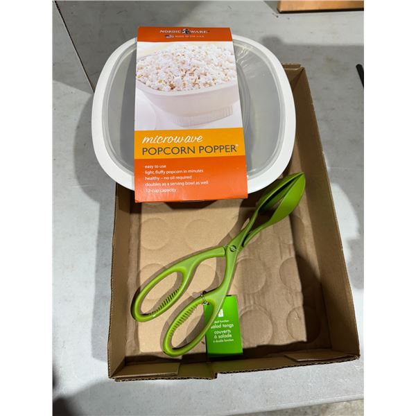 Microwave, popcorn maker, and salad tongs