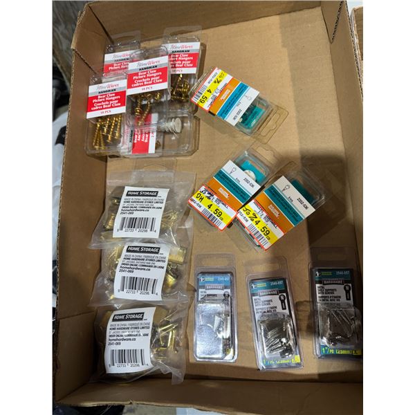 Metal shelf, supports with screws, bear, claw, picture, hangers, and other items