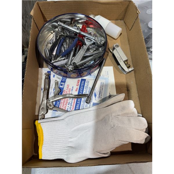 Vice grips, wrenches and other tools and gloves