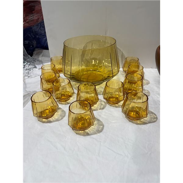 Vintage Amber glass Punchbowl, and 12 cups