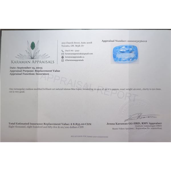 46 ct Certified Royal Blue Topaz gemstone ($8,855 Appraisal)