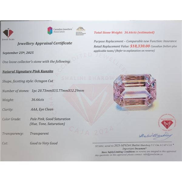 36.66 ct Certified Pink Kunzite gemstone ($18,330 Appraisal)