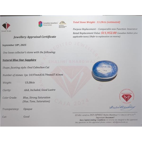 13.28 ct Certified Blue Sapphire gemstone ($11,952 Appraisal)