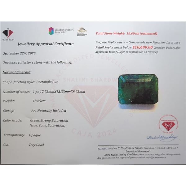 18.69 ct Certified Emerald gemstone ($18,690 Appraisal)
