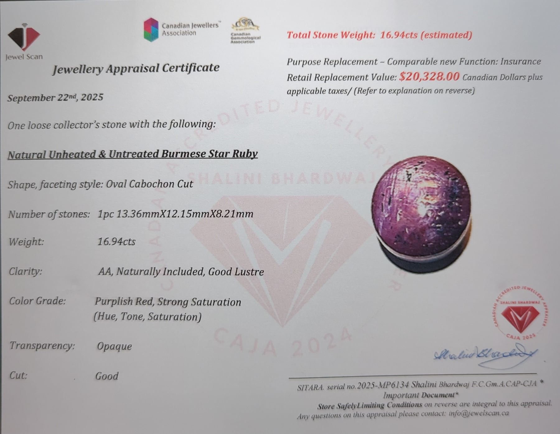 16.94 ct Certified Star Star Ruby gemstone ($20,328 Appraisal)