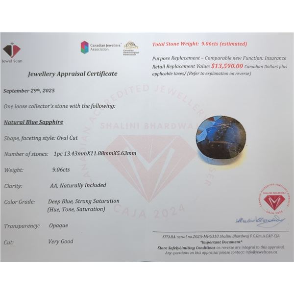 9.07 ct Certified Midnight Sapphire gemstone ($13,590 Appraisal)