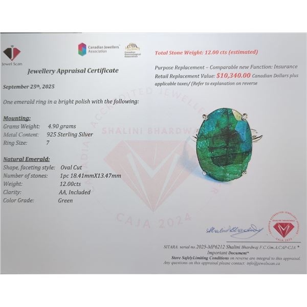 4.9 ct Certified Silver Emerald gemstone RIng ($10,340 Appraisal)