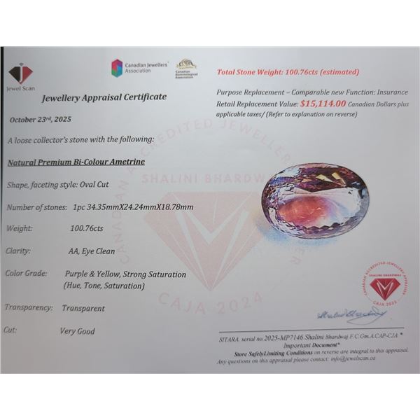 100.76 ct Certified Bi-Colour Ametrine gemstone ($15,114 Appraisal)