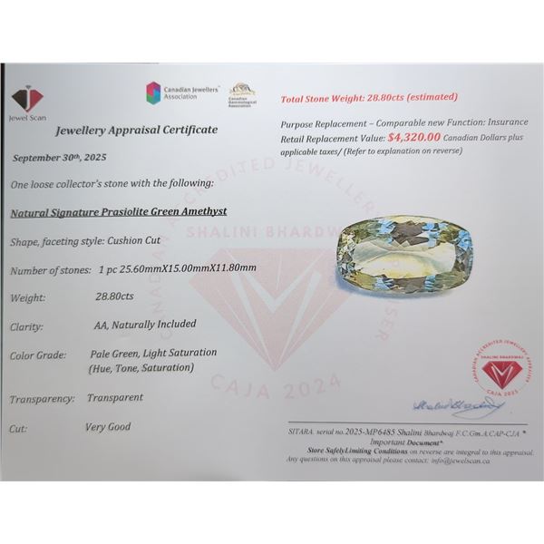 28.8 ct Certified Green Prasiolite gemstone ($4,320 Appraisal)