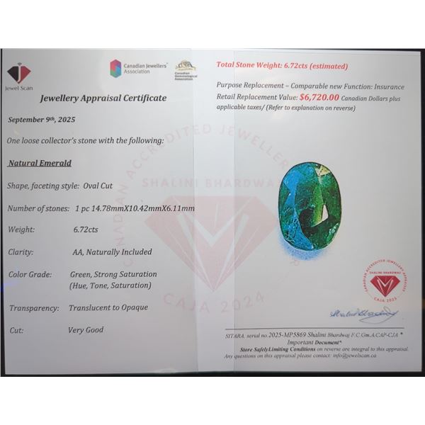 6.72 ct Certified Emerald gemstone ($6,720 Appraisal)