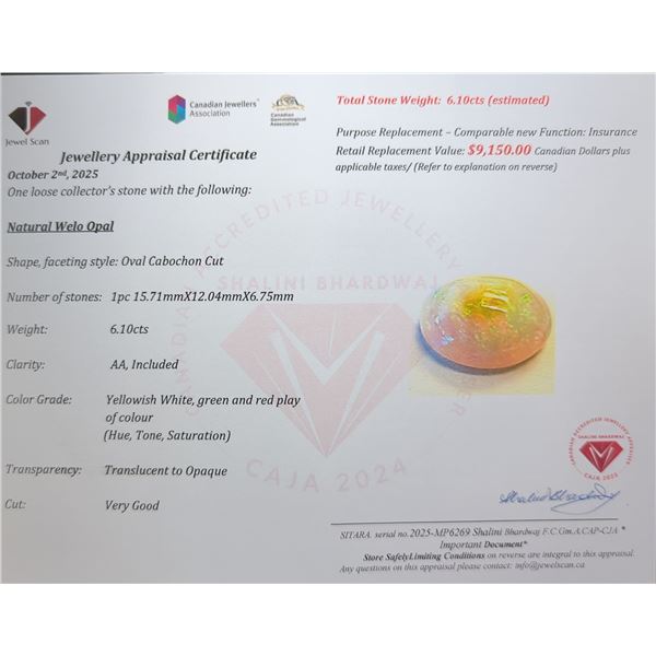 6.1 ct Certified Opal gemstone ($9,150 Appraisal)