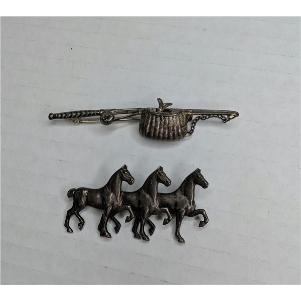 Two Sterling Silver Pins - Horses and Fishing