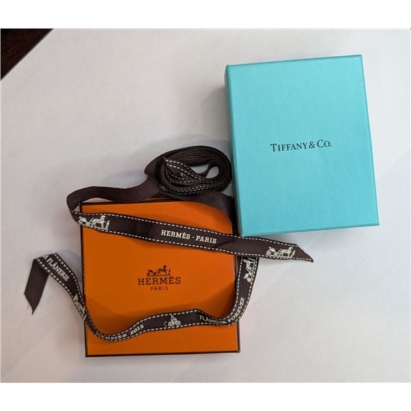 Hermes and Tiffany and Co boxes plus two Hermes brown ribbons