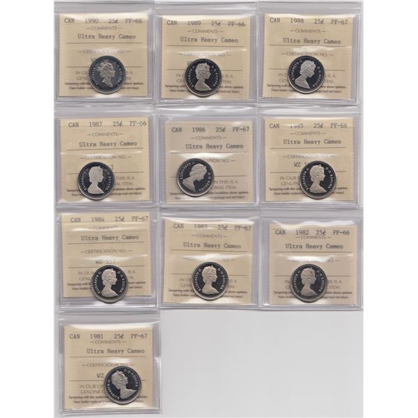 1981-1990 Canada Proof 25 Cents Set