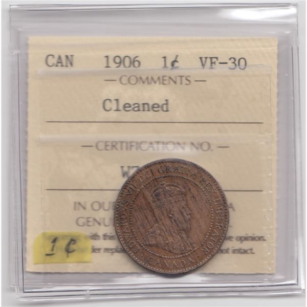 1906 Canada Large Cent ICCS VF30 Cleaned