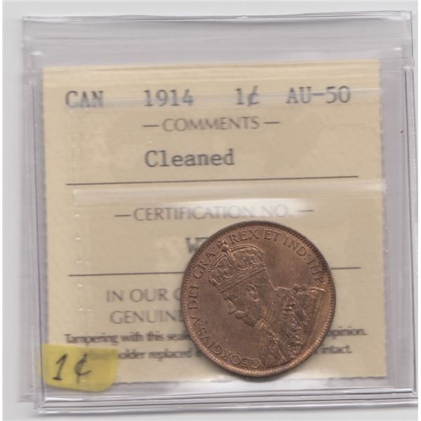 1914 Canada Large Cent ICCS AU50 Cleaned