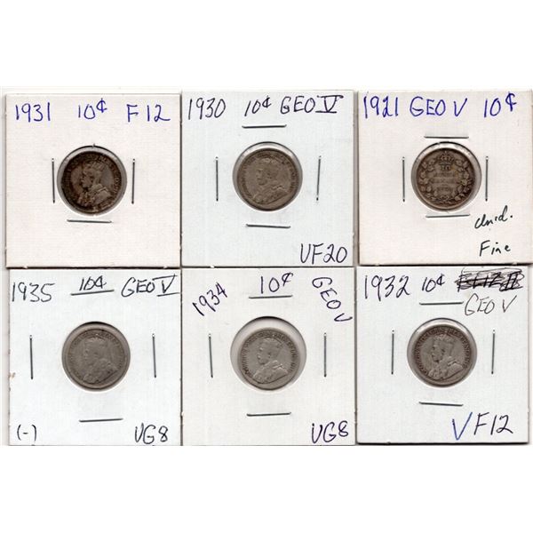 Lot of 6 Canada 10 Cent Silver Coins