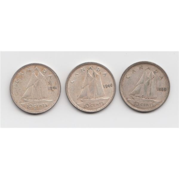 1939, 1940, 1941 Canada 10 Cent Coins