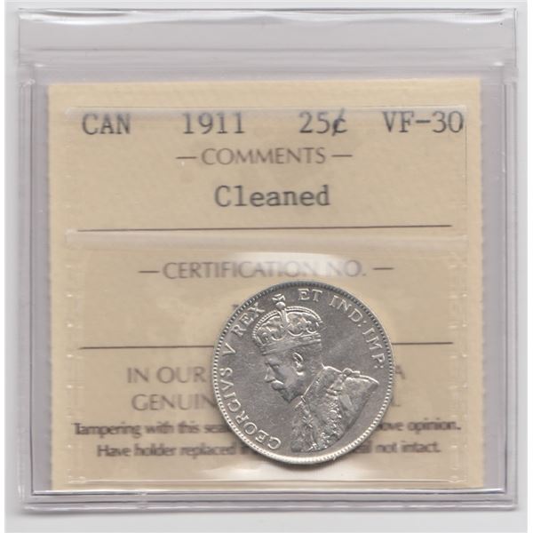 1911 Canada 25 Cent ICCS VF30 Cleaned