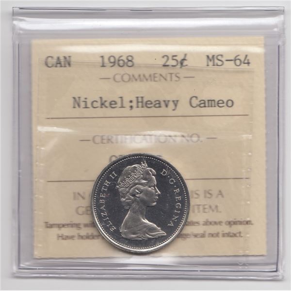 1968 Canada 25 Cents ICCS MS64 Nickel