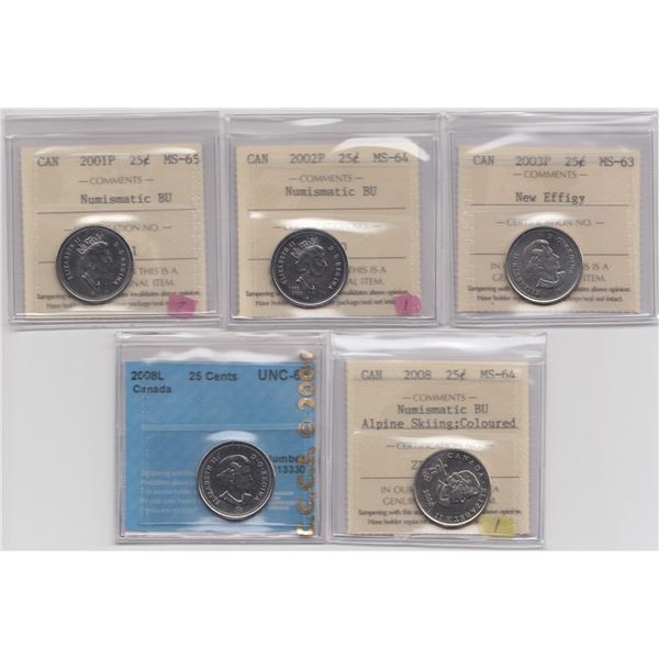 Lot of 5 Graded Canada 25 Cents