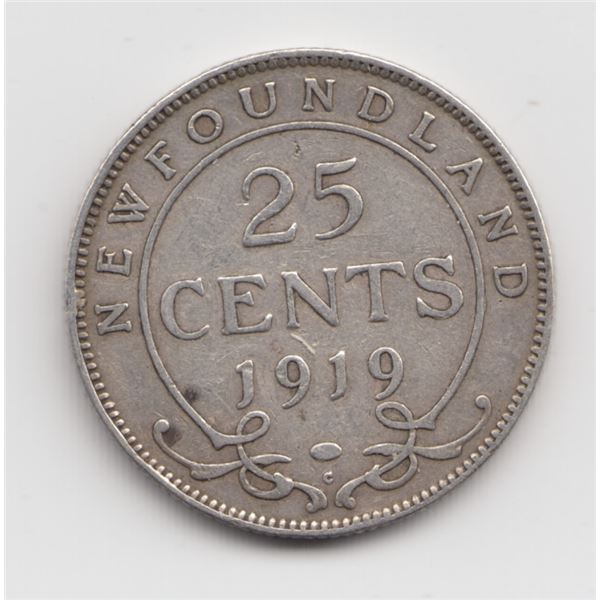 1919 Newfoundland 25 Cent Silver Coin