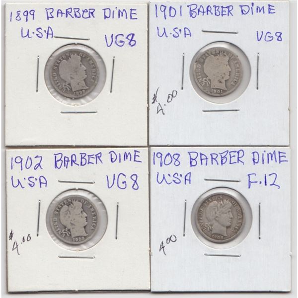 Lot of 4 US Barber Dimes