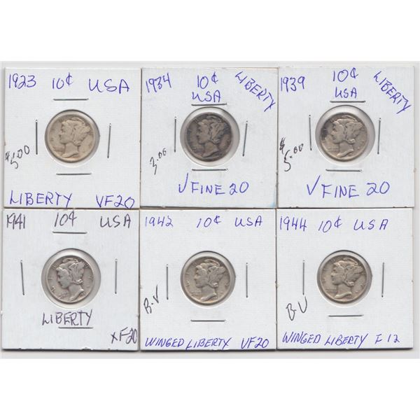 Lot of 6 US Mercury Dimes