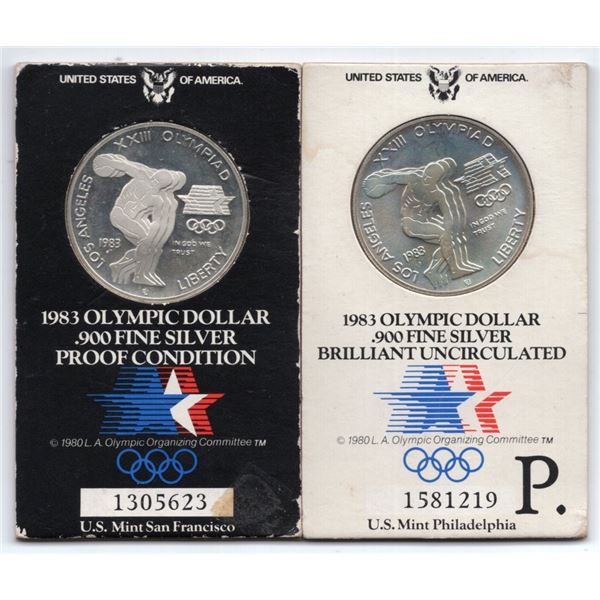 Set of 2 1983 US Olympic Silver Dollar Coins