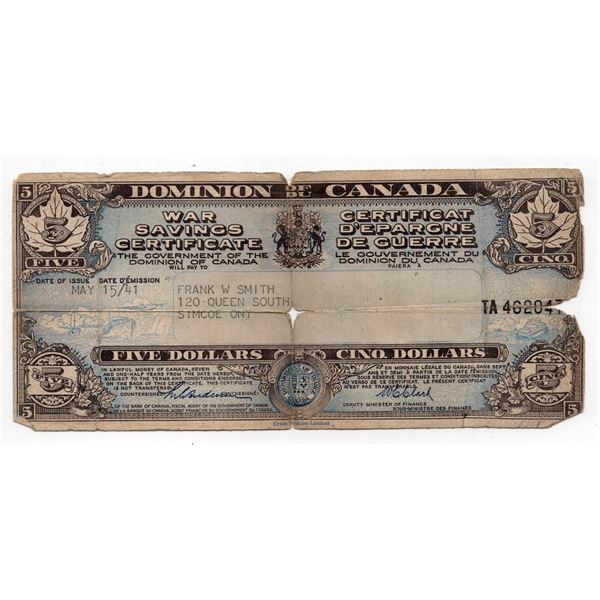 1941 Dominion of Canada $5 War Savings Cert