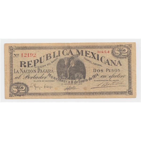 1914 Mexico Nuevo Leon 2 Pesos Note