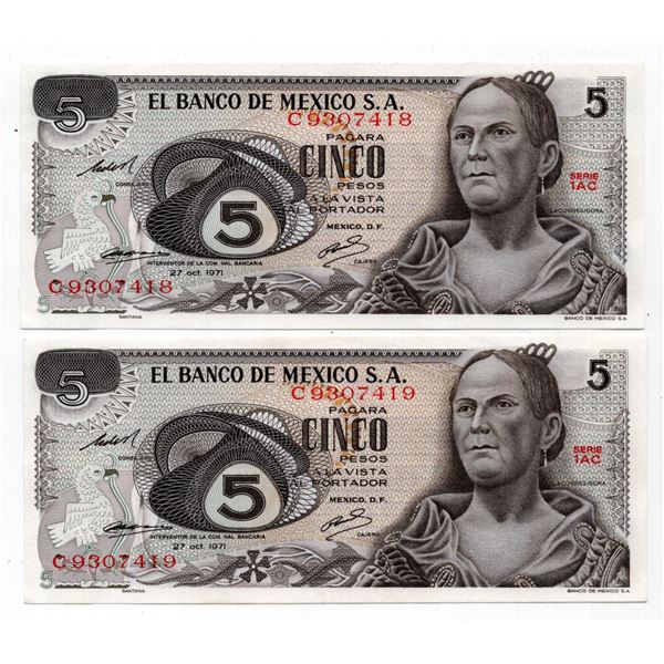 2 Consecutive 1971 Mexico 5 Pesos Notes
