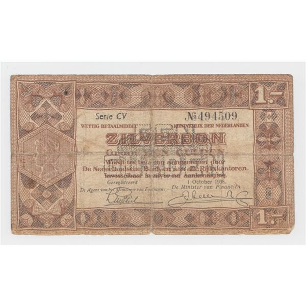 1938 Netherlands 1 Gulden Silver Voucher