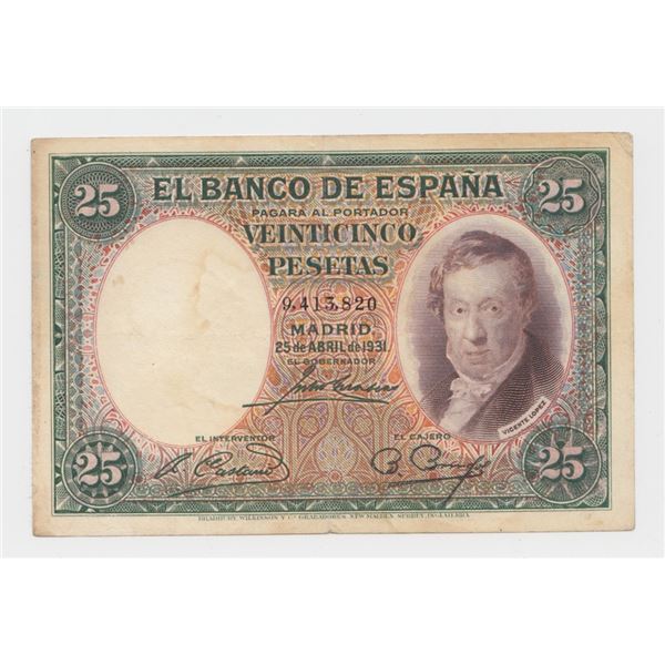 1931 Spain 25 Pesetas Note