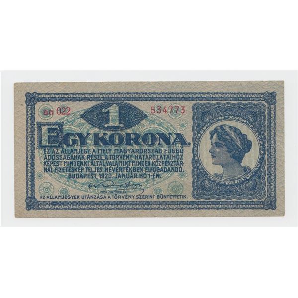 1920 Hungary 1 Korona Note